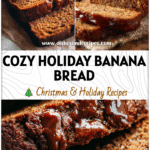 Slice of moist Gingerbread Banana Bread with molasses glaze and festive spices on a holiday table.